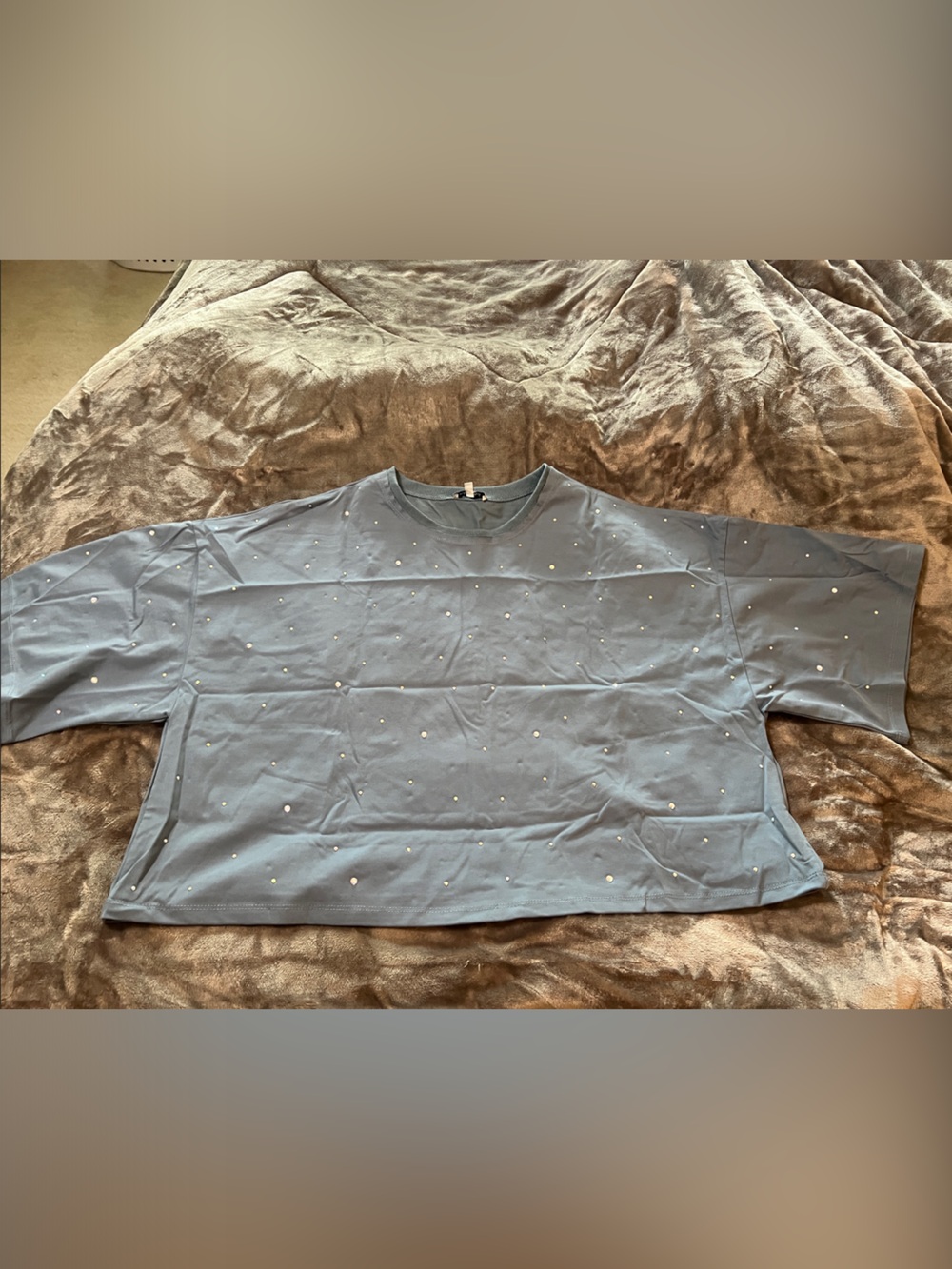 white birch Dusty Blue Pearl-Embellished Boxy Crop Top